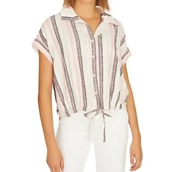 Sanctuary | Striped Borrego Cotton Linen Blend Tie-Front Button Down Shirt - Picture 5 of 9